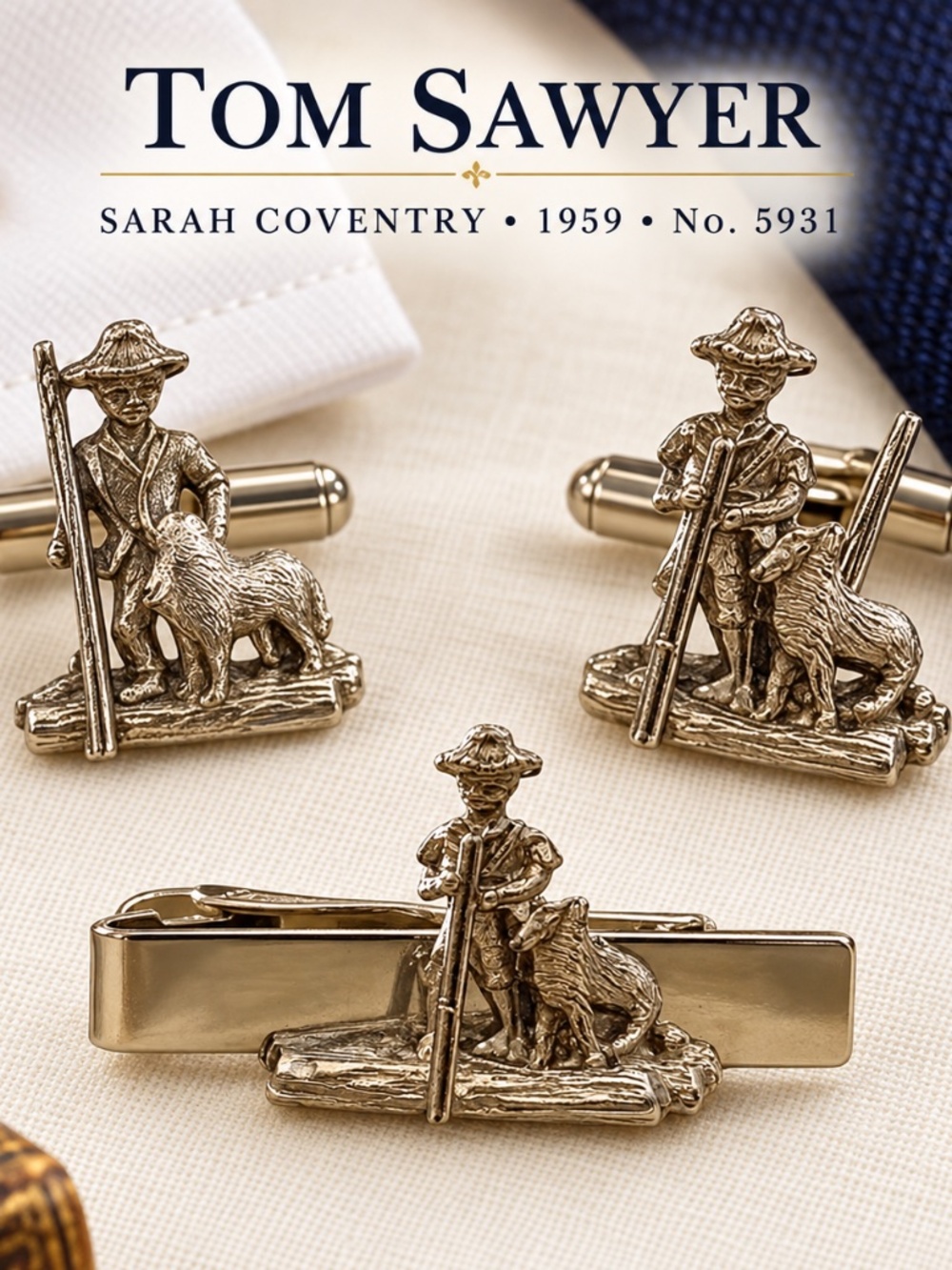 🛶 Vintage Sarah Coventry “Tom Sawyer” Cufflinks & Tie Bar Set – No. 5931 – 1955
